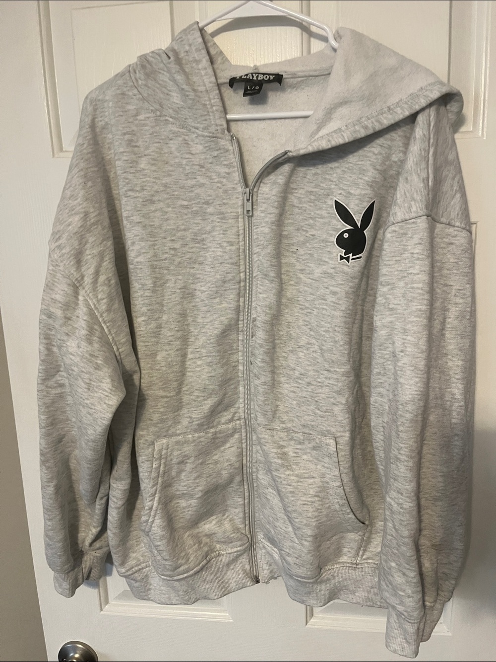 PLAYBOY Light Gray Zip-Up Hoodie with Black Bunny Logo